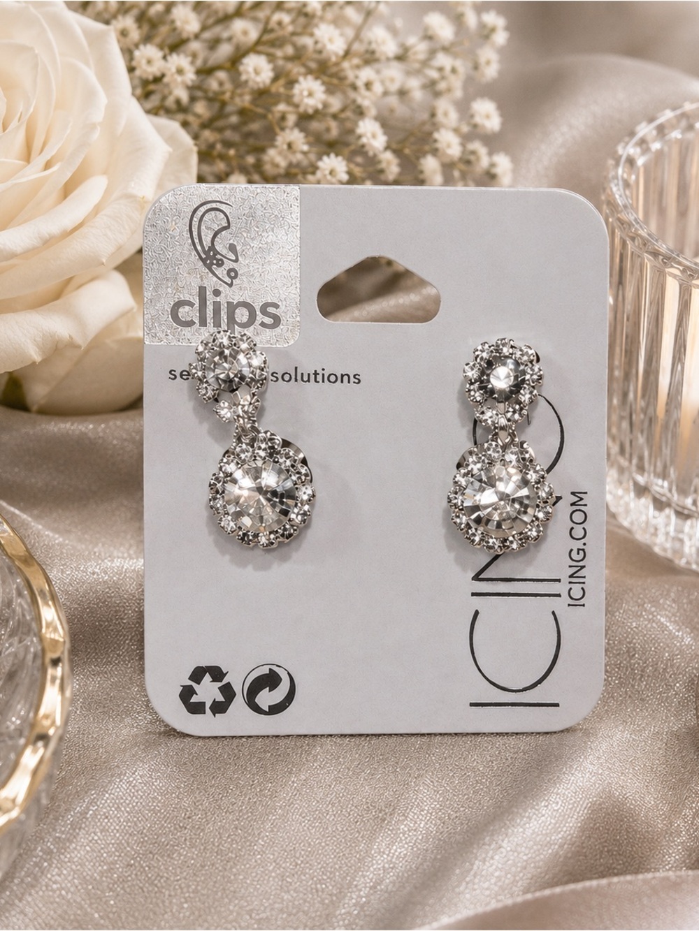 ✨ Icing Silver-Tone Clear Crystal Drop Clip-On Earrings